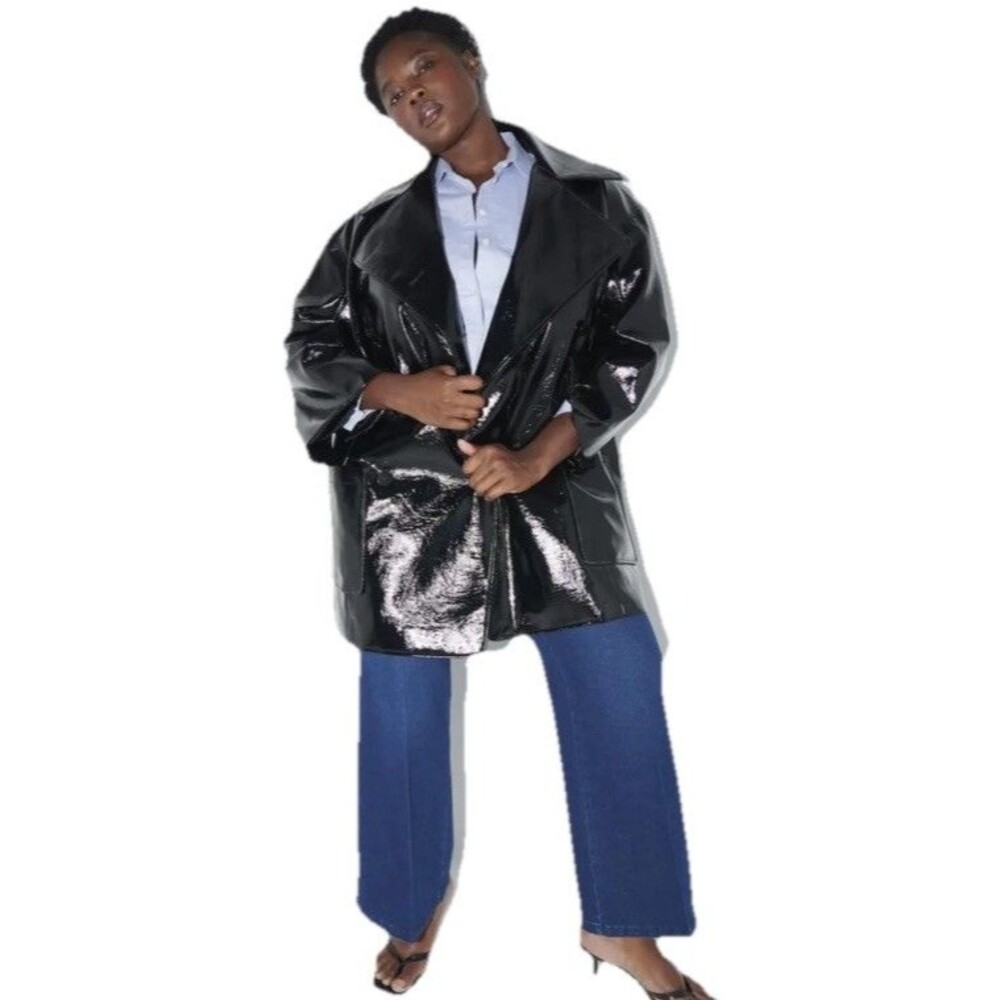Pari Passu Lynne Coat Size 14 Black Faux Patent Leather Peacoat NWT Retail $698